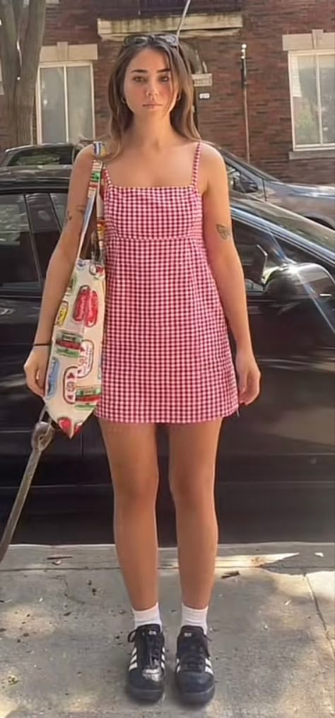 Red Dress And Sneakers Outfit, Casual Spring Dress Outfits, Where To Buy Cute Summer Dresses, Cool Summer Dresses, Red Gingham Dress Outfit, 90s Denim Dress Outfit, Gingham Dress Aesthetic, Gingham Outfit Aesthetic, Red Gingham Outfit