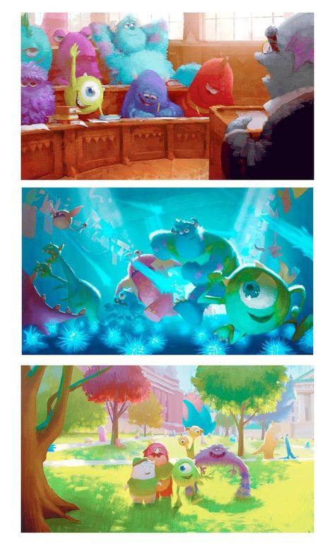 Up Scenes Pixar, Concept Art For Movies, Pixar Color Script, Keyframe Concept Art, Color Key Concept Art, Color Script Animation, Dean Hardscrabble, Monster's University, Pixar Concept Art