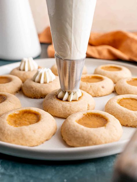 Pumpkin Butter Thumbprint Cookies, Pumpkin Thumbprint Cookies With Cream Cheese Icing, Pumpkin Pie Thumbprint Cookies, Thanksgiving Thumbprint Cookies, Pumpkin Thumbprint Cookies, Pecan Pie Thumbprint Cookies, Pumpkin Pie Cookies Recipe, Easy Thumbprint Cookies, Thumbprint Cookies Easy