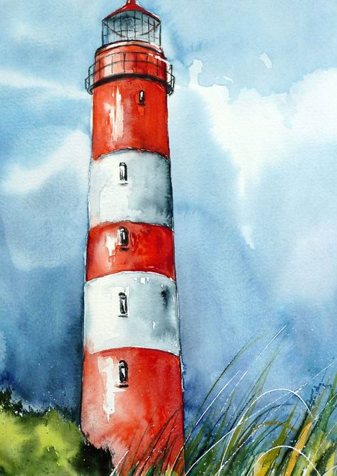 "brandungswaechter" #landscaping #gardenideas #landscapingideas Watercolour Lighthouse, Watercolor Lighthouse, Trees Drawing, Red Sand, Lighthouse Painting, Driftwood Wall Art, Lighthouse Art, Painting Subjects, Painting Watercolor