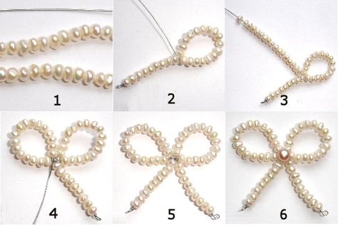 Pearl Beaded Jewelry Ideas, How To Make A Bow Necklace, Beaded Ribbon Tutorial, Bow Beads Tutorial, Diy Beaded Bow, Beaded Bow Necklace Diy, Pearl Bow Tutorial, Beaded Bow Necklace Tutorial, Ribbon Beads Tutorial