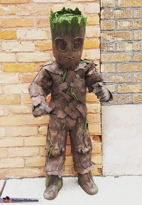 Our 5 year old son weston is wearing the hand made baby groot. It is constructed of eva foam. If you've never used eva foam i recommend it, its very easy to work with. Boy Halloween Costume Ideas, Costumes For Boys, Baby Groot Costume, Diy Groot Costume, Groot Costumes, Groot Costume For Kids, Groot Cosplay, Baby Groot Costume Infant, Diy Groot Costume For Kids