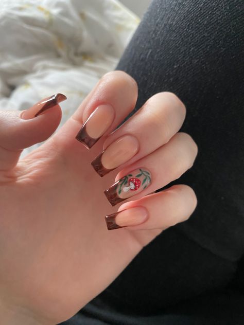 Fall Nail Designs Aesthetic, Square Mushroom Nails, Mushroom Press On Nails, Cottage Core Acrylic Nails, Brown Mushroom Nails, Autunum Nails, Nails With Mushrooms, Aesthetic Autumn Nails, Coffin Fall Nails Designs