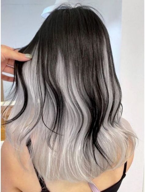 Top 12 Black Hair With White Underneath For Monochrome Magic Hair Color For School, Asian Peekaboo Hair, Hair Dye 2023, Korean Hair Dye, Two Tone Hair Color Ideas, White Bangs, 2 Tone Hair, Oreo Hair, Under Hair Color