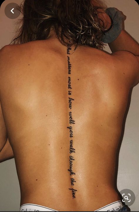 Italian Spine Tattoo Quotes, Women Spine Tattoo Ideas Quotes, Spine Tattoos For Women Unique Meaning, Spine Quote Tattoos For Women, Back Writing Tattoos, Full Spine Tattoos For Women, Word Spine Tattoos For Women, Country Spine Tattoos, Back Tattoo Women Spine Meaningful