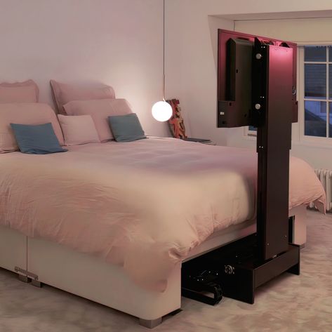 Lift Up Beds, Tv Infront Of Bed Ideas, Bed With Tv Built In, Tv At Foot Of Bed, Tv In Bedroom Aesthetic, Bed Tv Lift, Lift Up Bed, Get Ready For Work, Bed Tv