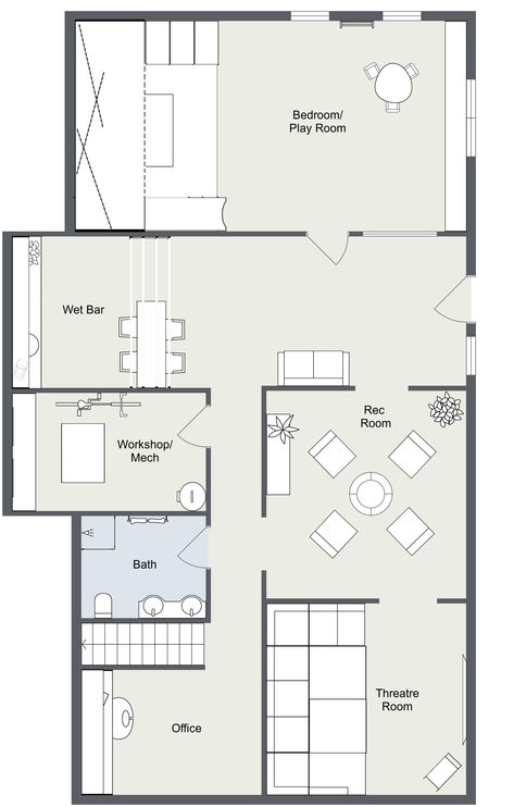 A light 2D floor plan of a basement with multiple creative rooms such, as a home gym, children's play room, and a theatre room. Basement Plans Layout Design, Small Basement Layout Floor Plans, Basement Design Ideas Layout House Plans, Basement Floor Plans Layout, Finished Basement Layout, Finished Basement Floor Plans, Basement Apartment Layout Floor Plans, Basement Layout Ideas Floor Plans, Basement Plans Architecture