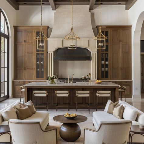 Transitional Luxury Kitchen, Luxury French Kitchen, Dual Island Kitchen Layout, Dining Room With High Ceilings, Luxury Modern Farmhouse Interior Design, Lounge Area In Kitchen, Kitchen To Dining Room Transition, Prep Kitchen Design, Dining Room Kitchen Combo Layout