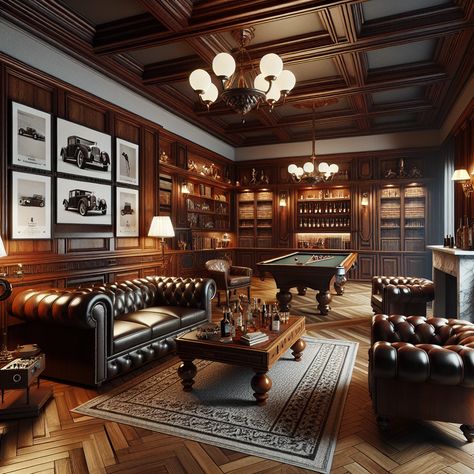 Experience timeless luxury in this opulent man cave, complete with vintage pool table, plush Chesterfield sofas, a well-stocked bar, and a cozy marble fireplace. Embrace nostalgia with classic car photos and the hum of a record player. #LuxuryManCave #VintageVibes #HomeDesign #InteriorInspo #ClassicLiving #LeatherSofaLovers Pool Table Lounge Room, Vintage Bar Table, Moody Pool Table Room, Pool Table In Living Room Ideas, Man Cave With Pool Table, Living Room With Pool Table, Modern Pool Table Room, Speakeasy Bar Design, Pool Table Room Ideas