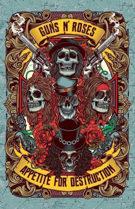 Designing Art, Rock Poster Art, Art Hippie, Rock N Roll Art, Rock Band Posters, Music Poster Ideas, Vintage Music Posters, Roses Print, Music Poster Design