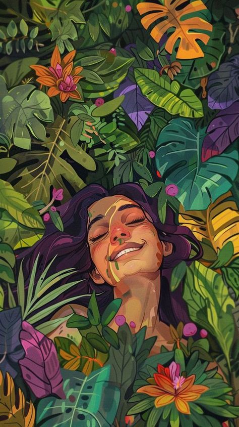 The woman again, this time in a lush, green forest. She is smiling, her one eye closed in contentment. The plants around her are vibrant and full of life --ar 9:16 Smiling Woman Painting, Green Forest Illustration, Vibrant Character Design, Plant Painting Ideas On Canvas, Colour Full Drawing, Phone Wallpaper For Women, Illustration Art Wallpaper Iphone, Tropical Painting Ideas, Woman Aesthetic Wallpaper