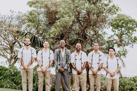 Tropical wedding • Hawaii Wedding • Oahu Wedding • Turtle Bay Resort • Tropical wedding florals • beach wedding  • hawaii wedding photography • sunset wedding • groomsmen • grey suit • hawaii groom Hawaii Groomsmen Attire, Tropical Wedding Groomsmen, Jacob Aesthetic, Tropical Wedding Florals, Beach Wedding Color Palette, Hawaiian Wedding Themes, Wedding Guest Men, Beach Wedding Makeup, Beach Wedding White