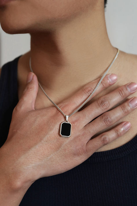 18K Silver Black Onyx Pendant Necklace, Waterproof Necklace, Black Stone Pendant, Men's Black Stone Necklace, Stainless Steel, Gift for Him Necklace Shoot, Waterproof Necklace, Black Stone Pendant, Black Stone Necklace, Black Onyx Pendant, Mens Jewellery, Mens Casual Outfits Summer, Steel Gifts, Onyx Pendant