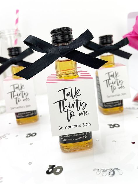 Talk thirty to me 30th Birthday favor tags sized to fit miniature bottles of alcohol. Add these tags to a miniature bottle of your favorite spirits for a party favor that is guaranteed to be a hit with your guests! Personalized with the name of the birthday girl or guy! Sized to fit most 50ml miniature alcohol bottles. Qty Sold in sets of 12 Size 1.5" W x 2.6" H Bottle Fits most 50ml bottles; not included Material Smooth white cardstock 60 lb cover Other Ribbon not included Proofs:If you selecte 30th Birthday Party Ideas For Him, Dirty 30 Birthday Ideas For Women, 30th Birthday Ideas For Women Party, Party Ideas 30th Birthday, Rip 30th Birthday, 30 Birthday Decor, 30th Birthday Themes For Guys, Miniature Alcohol Bottles, Dirty 30 Birthday Party