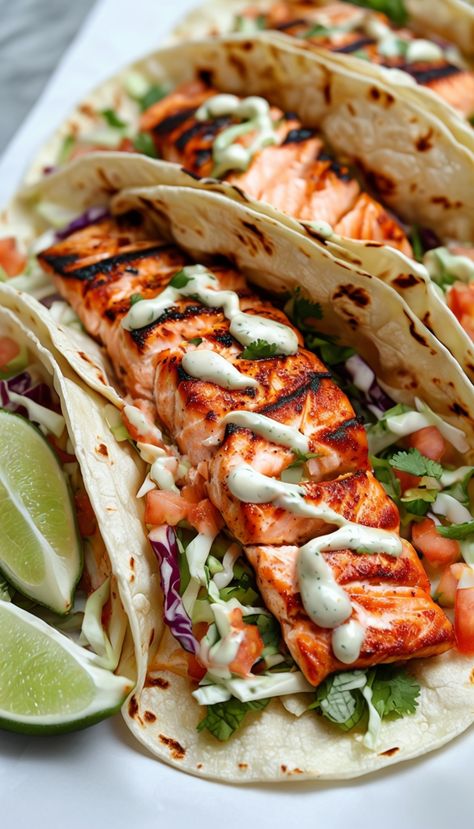 Delicious Salmon Tacos Recipe Trout Tacos Recipes, Meals With Salmon Healthy, Salmon Taco Recipe, Salmon Street Tacos, Blackened Salmon Tacos Recipe, Healthy Eating Salmon, Salmon Meals Healthy, Breakfast Ideas With Salmon, Non Acidic Meals Dinners