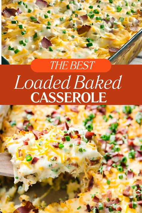 Loaded Potato Bake, Loaded Potato Casserole, Cheesy Potato Bake, Loaded Baked Potato Casserole, Yummy Casserole Recipes, Delicious Family Dinners, Baked Potato Casserole, Frozen Potatoes, Potato Dinner