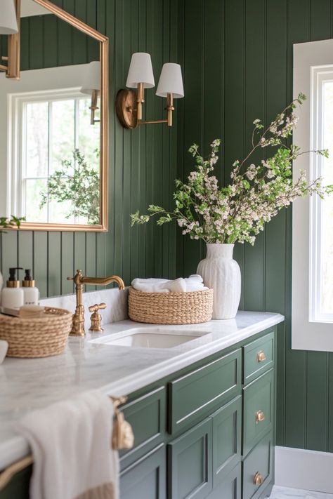 Create a calming, sage green bathroom with these quick tips and simple design ideas. Green Bathroom Ideas, Green Bathroom Accessories, Green Bathroom Vanity, Green Subway Tile, Green Vanity, Home Improvement Outdoor, White Subway Tiles, Patterned Floor Tiles, Modern Farmhouse Bathroom