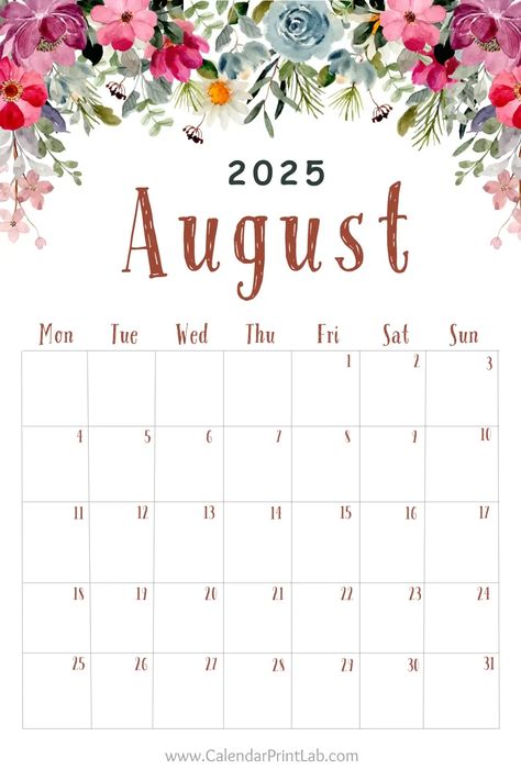 Floral August 2025 Calendar August 2025 Calendar, Planners 2025, Free Printable Calendar Templates, Floral Calendar, Calendar Design Template, Flower Planner, Monthly Printable, Floral Planner, Bullet Journal Paper