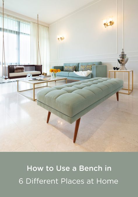 using-bench-in-different-places-of-house How To Use A Bench In Living Room, Bench Seating In Living Room, Seating Bench Living Room, Bench And Sofa Living Room, Sofa And Bench Living Rooms, Bench Designs For Living Room, Bench Ideas For Bedroom, Vintage Bench Seat, Living Room With Bench Seating