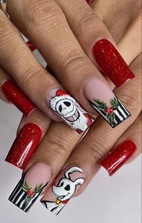 Crazy Christmas Nail Designs, Christmas Nails Red Designs, Christmas Character Nail Art, Lock Shock And Barrel Nails, Christmas Cartoon Nails, Nbc Nails, Simple Xmas Acrylic Nails, Jack Skellington Christmas Nails, Christmas Movie Nails