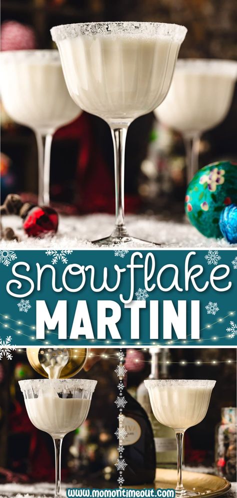 This stunning Snowflake Martini is the perfect blend of festive flavors and elegant simplicity! Artfully crafted with just three ingredients, this enchanting cocktail is the perfect way to celebrate this holiday season! | Mom On Timeout Snowflake Martini Vanilla Vodka, Fun Winter Alcoholic Drinks, Jack Frost Martini, January Cocktails Recipe, Chai Tea Martini, Signature Holiday Cocktails, Christmas Batch Drinks, Christmas Inspired Cocktails, Thanksgiving Martinis