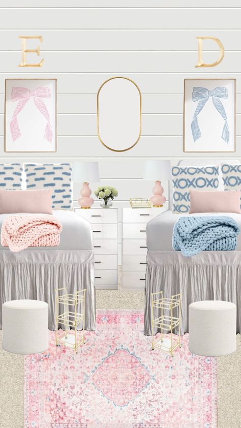 college dorm Room Ideas Pink And Blue, College Dorm Room Ideas Pink, Smu Dorm, Dorm Room Ideas Pink, House Room Ideas, Room Ideas Pink, Sorority House Rooms, Dorm Room Themes, Sorority Room