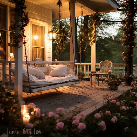 House Designs Exterior Wrap Around Porch, Aesthetic Back Porch, Flowers House Decor, Dreamy Front Porch, Old Country Houses Farmhouse, Cottage Home With Porch, House With Vines On It, House With Porch All The Way Around, Wrap Around Porch Aesthetic