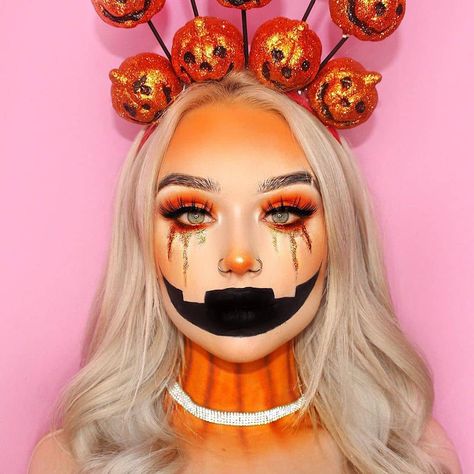 Glam Pumpkin Makeup, Queen Halloween Makeup, Pumpkin Makeup Ideas, Pretty Halloween Makeup, Pumpkin Makeup, Creepy Halloween Party, Pumpkin Halloween Costume, Creepy Halloween Makeup, Pumpkin Queen