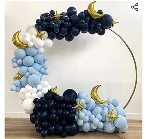 Starry Night Balloon Garland, Starry Night Balloons, Crescent Moon Balloon Arch, Over The Moon Balloon Garland, Acotar Baby Shower Ideas, Navy Blue Baby Shower Ideas, Over The Moon Balloon Arch, Galaxy Baby Shower Ideas, Moon Balloon Garland