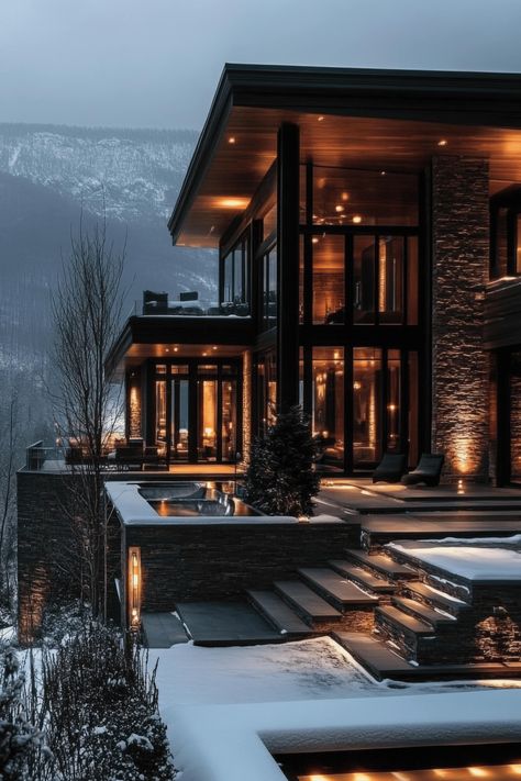 Transform your living room into a cozy, luxurious retreat with these modern winter design ideas. Mountain Home Modern, Luxury House Inside, Winter House Aesthetic, Big Living Room With Fireplace, Luxury Cabin Homes, Step Down Living Room Ideas, Luxury Winter Cabin, Modern Winter House, Expensive Houses Interior