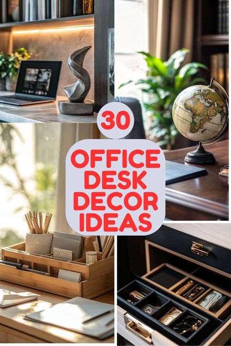 A collage of stylish office decor items, including a desk globe, bamboo organizer, and artistic sculpture, showcasing desk inspiration and creative work desk decor ideas for enhancing work setup desks. Trendy Office Desk Decor, Women’s Desk Decor, Desk Accessories Office Men, Thrifted Desk Decor, Uplift Desk Home Office Ideas, Work Office Decor Inspiration, Decorating A Desk At Home, Boho Desk Decor Ideas, Home Office Desk Decor Ideas