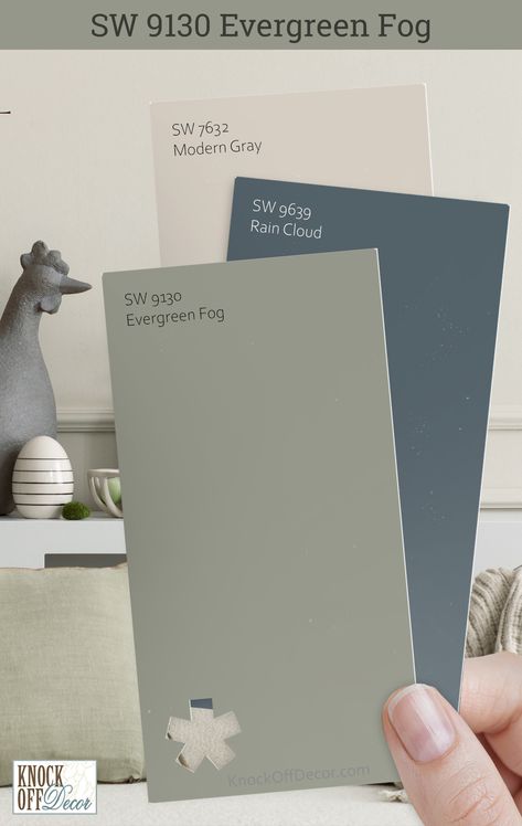 Sherwin-Williams Evergreen Fog coordinating colors Evergreen Fog Family Room, Green Paint Color Schemes For Home, Evergreen Fog With Revere Pewter, Sherwin Williams Comfort Gray Bedroom, Rain Cloud Sherwin Williams, Paint Colors That Go With Evergreen Fog, Sw Evergreen Fog Coordinating Colors, Evergreen Fog Sherwin Williams Complimentary Colors, Evergreen Fog With Blue