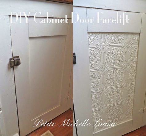 DIY Cabinet Door Facelift....Using as a face lift on solid white IKEA furniture? Wallpaper Bathroom Cabinets, Bathroom Cabinet Doors, Cabinet Door Makeover, Wallpaper For Kitchen Cabinets, Wallpaper Cabinets, Kitchen Pantry Doors, Bathroom Cabinets Diy, Diy Cabinet Doors, Diy Cabinet