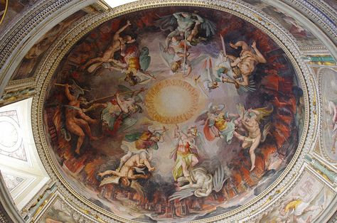 Angels fighting demons by tgtsfkncld, via Flickr Rome Tips, Chapel Ceiling, Seven Devils, Giorgio Vasari, St Peters Basilica, Vs Angels, Vatican Museums, Sistine Chapel, The Vatican