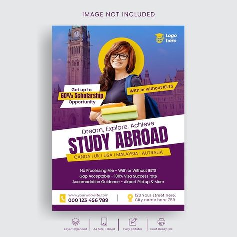 Study abroad flyer or university admissi... | Premium Psd #Freepik #psd #poster #higher-education #flyer-template #print-ready Admissions Poster University, Study Abroad Flyer Design, Scholarship Poster, University Poster Design, University Flyer, Education Ads, University Poster, Education Flyer, Academic Poster