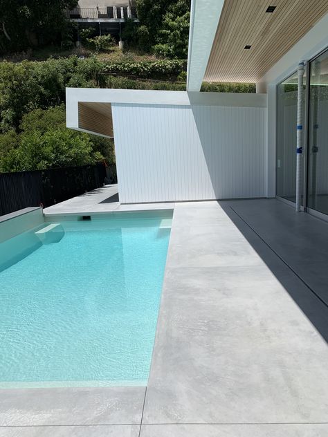 Exterior Concrete - Special White/Grey mix then stained in a light grey color Light Grey Pool, Pool Paving Ideas, Concrete Around Pool, Grey Pool, Pool Concrete, Small Pools Backyard, Pool Paving, Inground Pool Designs, Dream Backyard Pool