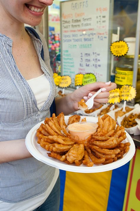 It's no surprise the bestseller at Griff's Onion is its deep-fried—yup—onion: The extra-crispy batter isn't mushy, like some fried onions, and is served with a heaping cup of Thousand Island dressing. If onions aren't your thing, try the fried avocado strips with Ranch dressing.   - Esquire.com Cheesecake On A Stick, Oreo Churros, Carnival Eats, Bacon Cheese Fries, Fried Avocado, Oreo Cookie Dough, Chocolate Covered Cheesecake, Oreo Filling, State Fair Food