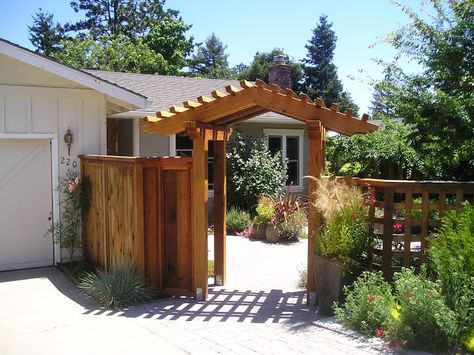 Front Yard Courtyard, 1920s Bungalow, Front Yard Patio, Summer Outdoor Decor, Yard Gate, Courtyard Entry, Front Courtyard, Concrete Fire Pits, Front Yard Fence