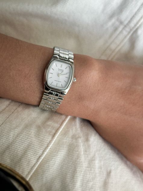 silver watch, silver accessory, silver jewelry, casio, casio watch, silver casio watch, silver aesthetic, dainty watch, dainty casio watch, dainty silver casio watch Boyfriend Watch For Women, Simple Silver Watch Women, Womens Watches Aesthetic, Casio Silver Watch Woman, Silver Watch For Women, Small Wrist Watch Women, Small Watches Women Silver, Small Silver Watches Women, Metal Watches Women