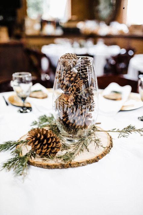 Winter Wonderland Wedding Simple, Wedding Pinecones Centerpieces, Winter Wedding Rustic Decor, November Wedding Reception Decor, Center Piece For Winter Wedding, Winter Wedding Decorations Rustic, Wedding Centerpieces With Pinecones, Pine Tree Centerpiece Table Decorations, Pine Wedding Color