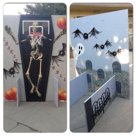 School Halloween Carnival game - Casket Ball Halloween Basketball Game, Halloween Booth Ideas Carnival Games, Halloween Carnival Ideas, Homeade Halloween Costumes, Backyard Halloween Party, Halloween Carnival Games, Diy Halloween Games, Halloween Club, Halloween Camping