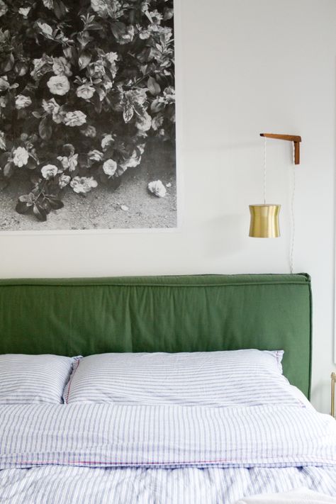 Sarah Sherman Samuel:bedroom sharing with boys | Sarah Sherman Samuel Forest Green Headboard, Green Bed Frame, Bedroom Art Above Bed, Green Headboard, Art Above Bed, Bedroom Trends, Luxury Duvet Covers, Shared Bedrooms, Bedroom Headboard