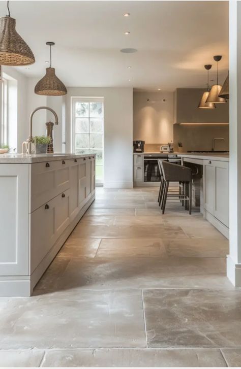 Stone Kitchen Floor, Stone Tiles Kitchen, Farmhouse Kitchen Flooring, Floor Tile Ideas, Kitchen Floor Tiles Ideas, Herringbone Wood Floor, Farmhouse Flooring, Kitchen S, Timeless Kitchen