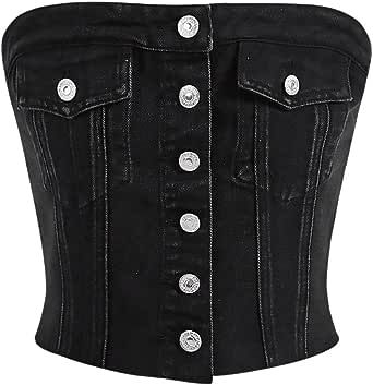 Button Corset, Black Armpits, Eclectic Outfits, Crop Tube Top, Corset Black, Denim Corset Top, Shein Icon, Denim Crop Top, Denim Corset