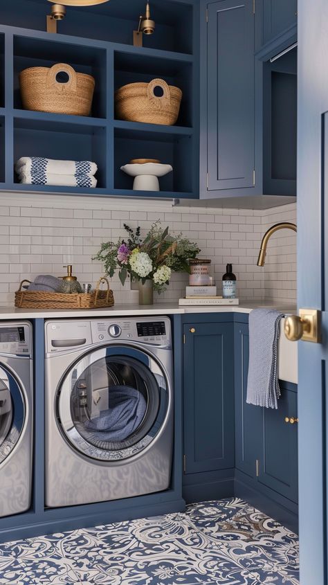 Transform your laundry space with these 44 stunning laundry room ideas to inspire you! From clever storage solutions to stylish design tips, discover how to make your laundry room both functional and beautiful. 🧺✨ #LaundryRoom #HomeInspiration #InteriorDesign Styling Laundry Room, Small Colorful Laundry Room, Periwinkle Laundry Room, Blue And Gold Laundry Room, Teal Laundry Room Ideas, Blue And Green Laundry Room, Fun Laundry Room Ideas Paint Wall Colors, Laundry Room Colorful, Laundry Room Colours