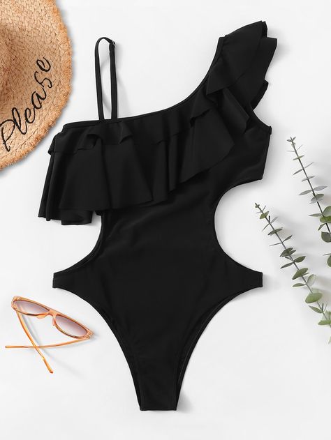 Asymmetrical One Shoulder Flounce Cut-out One Piece Swimwear -SheIn(Sheinside) Trendy Swimsuits, Swimsuits Outfits, Cute Bathing Suits, Costume Intero, Cute Swimsuits, Beachwear For Women, Black Swimsuit, Swimwear Fashion, One Piece Swimwear