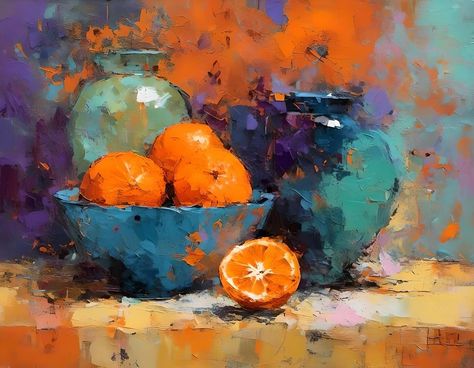 Impressionist Fruit Painting, Still Life Impressionism, Still Life Inspiration, Oranges Painting, Paint Fruit, Acrylic Still Life, Watercolor Orange, Canvas Art Painting Acrylic, Collage Landscape