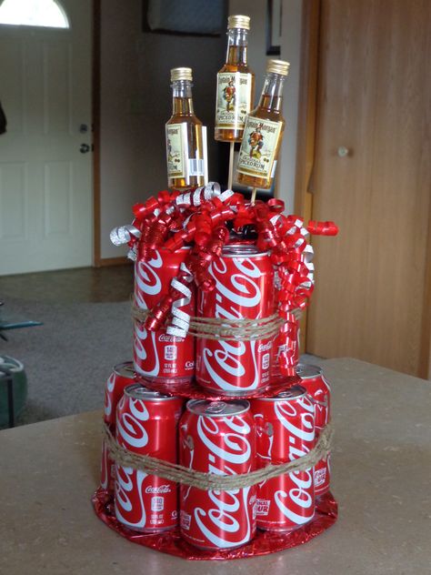 Coke Bottle Gift Ideas, Coke Gift Basket Ideas, Captain Morgan Gift Basket, Captain Morgan Cake, Soda Can Cakes, Captain Morgan Gift, 18th Birthday Cake For Guys, Liquor Ideas, Soda Can Cake Tower Diy Birthday Gifts