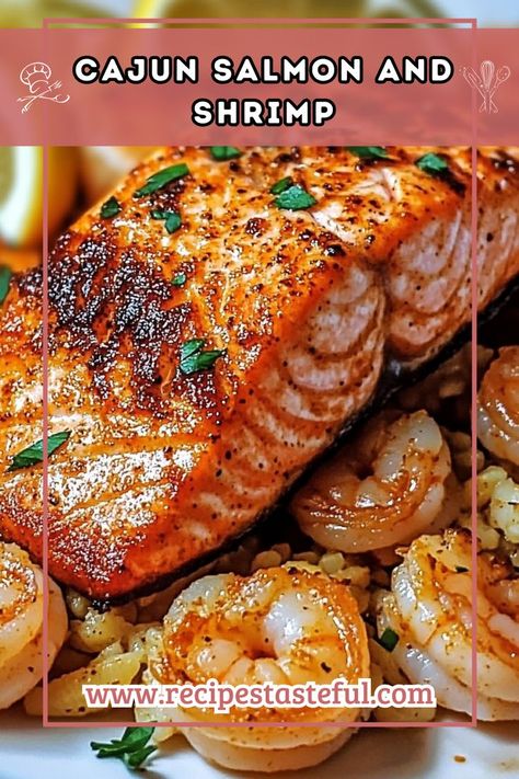 This Cajun Salmon and Shrimp dish combines spicy Cajun flavors with perfectly cooked seafood for a delightful meal. It can be prepared in the oven or on the grill for a delicious and satisfying dinner. Cajun Salmon And Shrimp, Spicy Salmon Recipes, Blackened Salmon Recipes, Oven Salmon, Cajun Salmon, Salmon And Shrimp, Cajun Creole Recipes, Shrimp Recipes For Dinner, Spicy Salmon