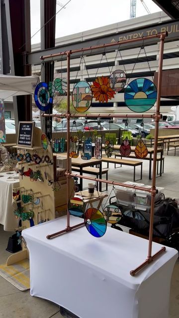 Stain Glass Display Ideas, Stained Glass Craft Show Display, Sun Catcher Display Ideas, Stained Glass Display Stands, Stained Glass Market Display, Stained Glass Vendor Booth, Suncatcher Display Ideas, Stained Glass Studio Setup, Stained Glass Display Craft Fairs